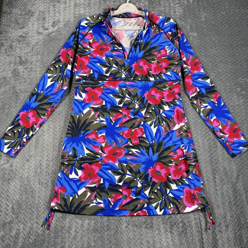 Coolibar Women Swim Shirt Dress Medium UPF 50+ Tropical Lawai Ruched Blue Pink